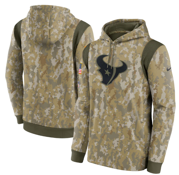 Men's Houston Texans Camo 2021 Salute To Service Therma Performance Pullover Hoodie Men's Houston Texans Camo 2021 Salute To Service Therma Performance Pullover Hoodie